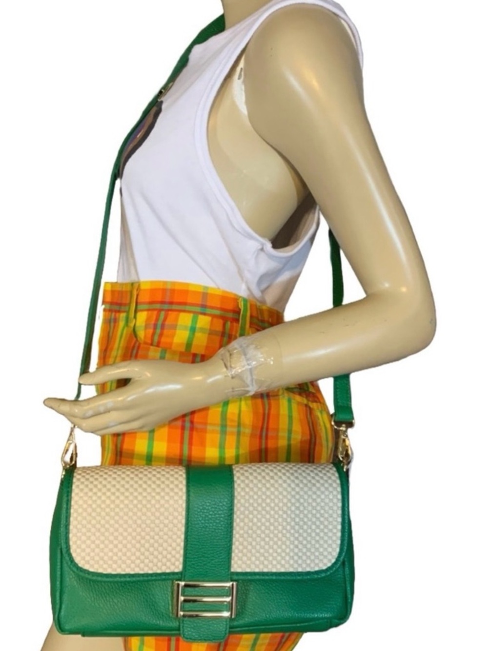 DIVINA FIRENZE EMERALD GREEN LEATHER AND CREAM RATTAN CROSSBODY BAG